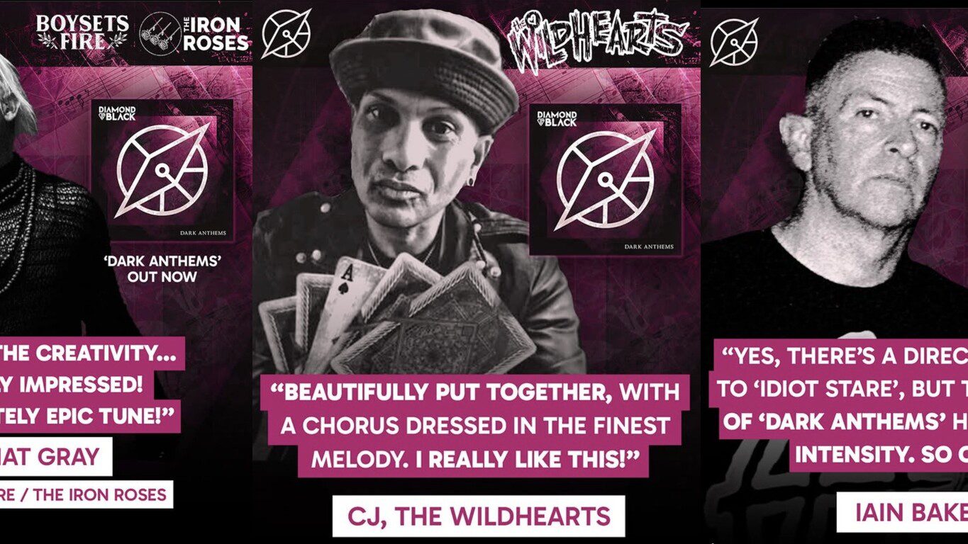 Collage of musicians Nat Gray, CJ, and Iain Baker with quotes praising Diamond Black’s song “Dark Anthems”