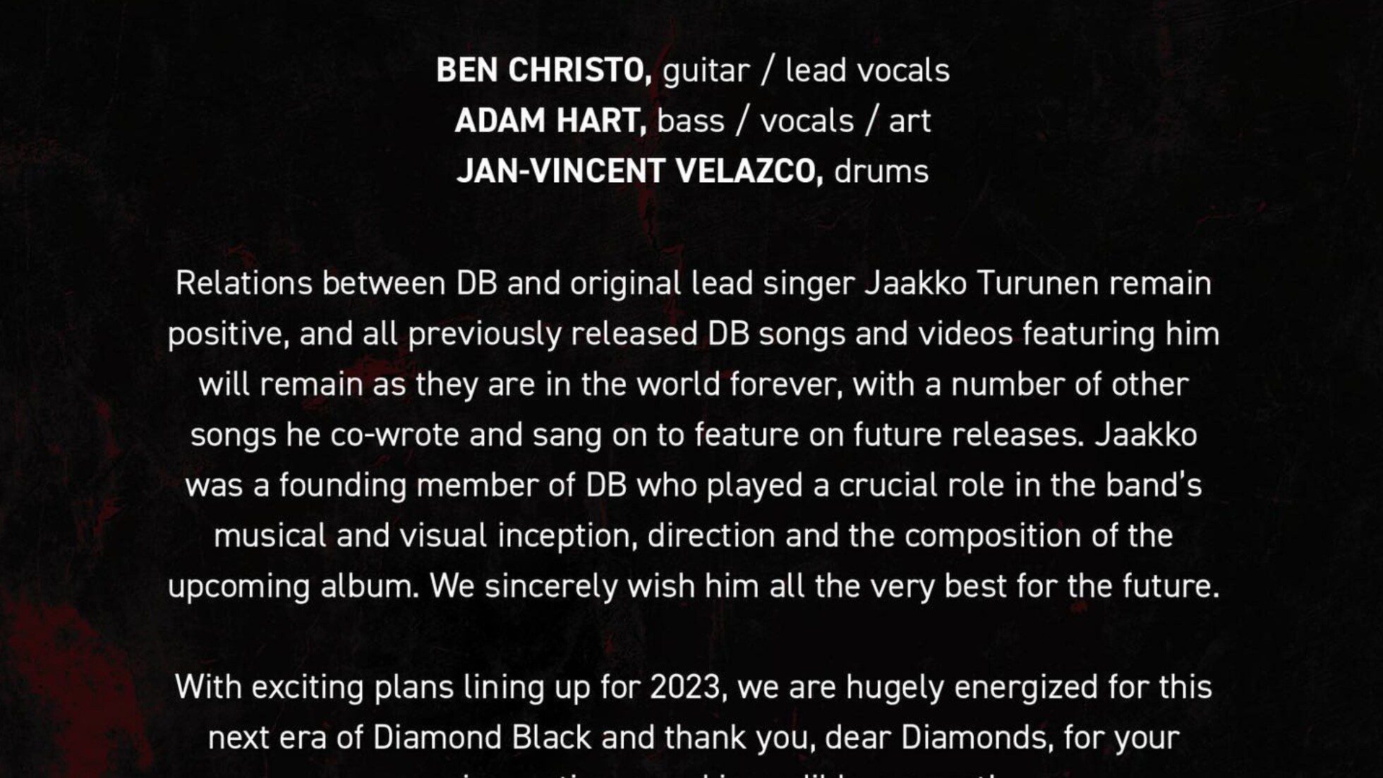 Stylised graphic announcing Diamond Black’s transition to a 3-piece lineup featuring Ben Christo, Adam Hart, and Jan-Vincent Velazco